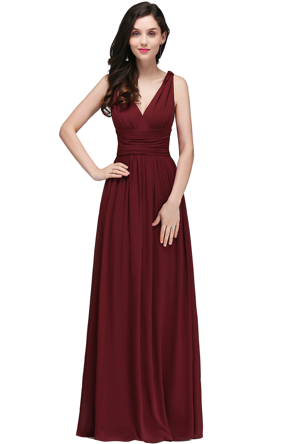 Elegant A-Line Chiffon V-Neck Sleeveless Ruffles Long Bridesmaid Dresses-BIZTUNNEL