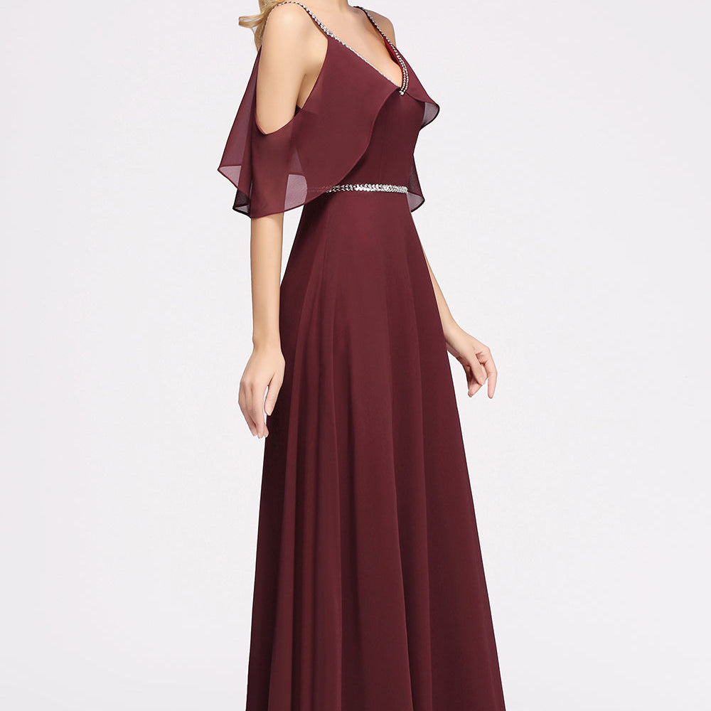 
                  
                    elegant A-line Chiffon V-Neck Spaghetti Straps Long Bridesmaid Dresses with Beading Sash-BIZTUNNEL
                  
                