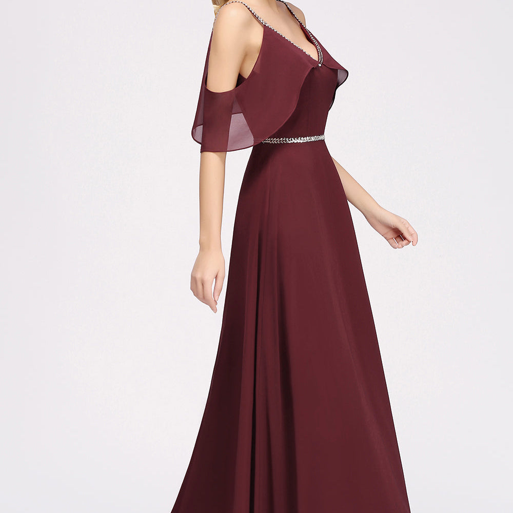 
                  
                    elegant A-line Chiffon V-Neck Spaghetti Straps Long Bridesmaid Dresses with Beading Sash-BIZTUNNEL
                  
                