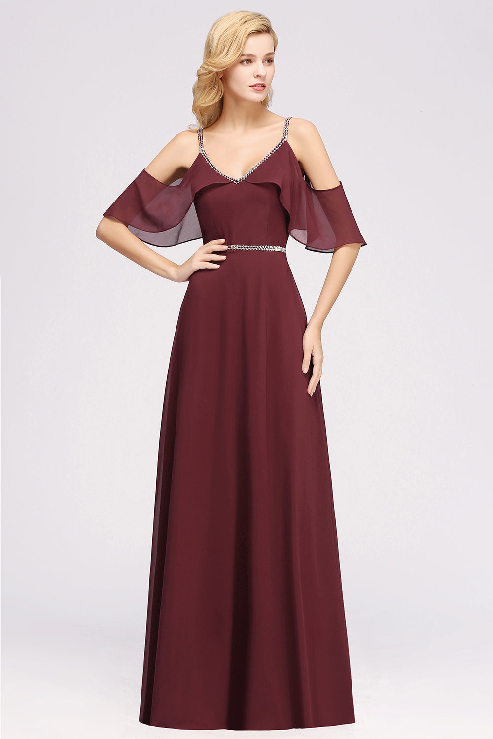 Elegant A-line Chiffon Dress with Diamond Neck Cape Brown