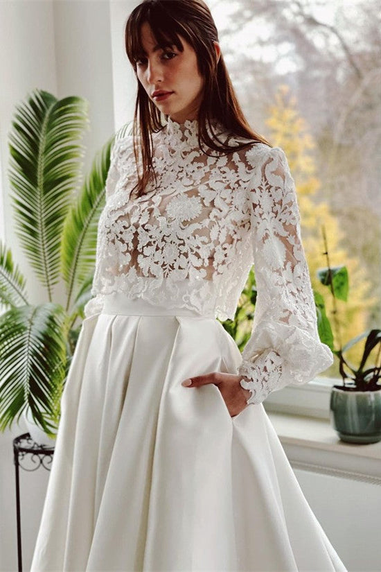 Elegant A-line High Neck Satin Lace Long Sleeves Wedding Dress with Pockets-BIZTUNNEL
