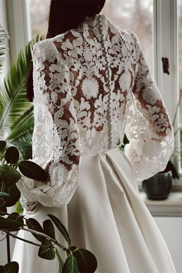 Elegant A-Line High Neck Satin Lace Long Sleeves Wedding Dress with Pockets Elegant A-Line High Neck Satin Lace Long Sleeves Wedding Dress with Pockets