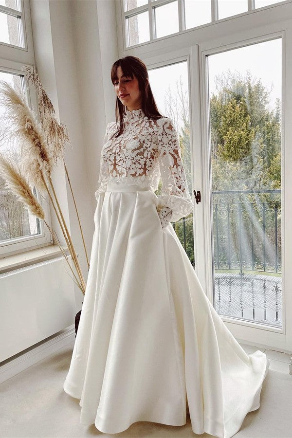 Elegant A-line High Neck Satin Lace Long Sleeves Wedding Dress with Pockets-BIZTUNNEL