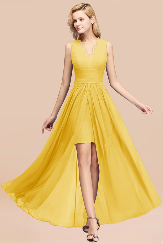 Elegant A-line Lace Chiffon Jewel Sleeveless Ruffles Bridesmaid Dress-BIZTUNNEL