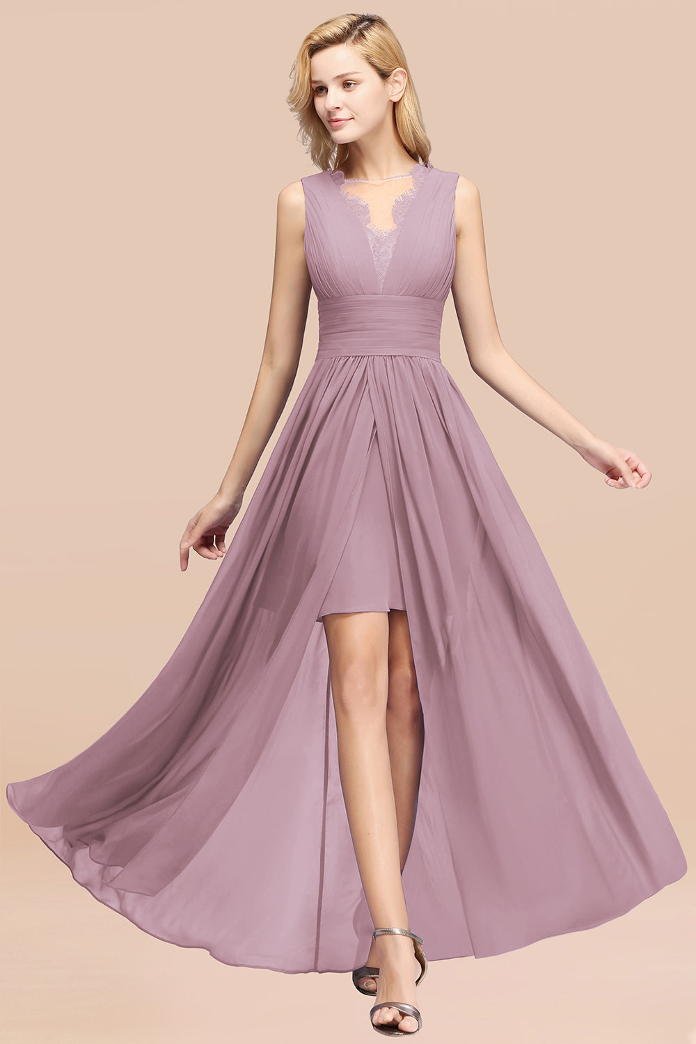 Elegant A-line Lace Chiffon Jewel Sleeveless Ruffles Bridesmaid Dress BIZTUNNEL Elegant A-line Lace Chiffon Jewel Sleeveless Ruffles Bridesmaid Dress BIZTUNNEL