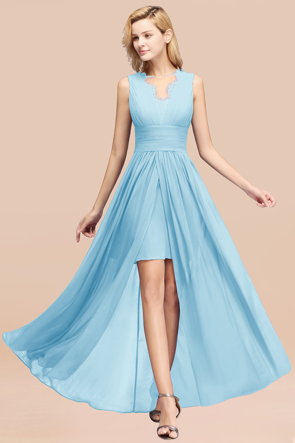 Elegant A-line Lace Chiffon Jewel Sleeveless Ruffles Bridesmaid Dress-BIZTUNNEL