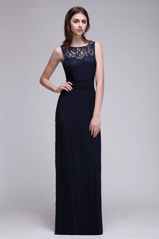 Elegant A-Line Lace Scoop Sleeveless Long Bridesmaid Dress-BIZTUNNEL