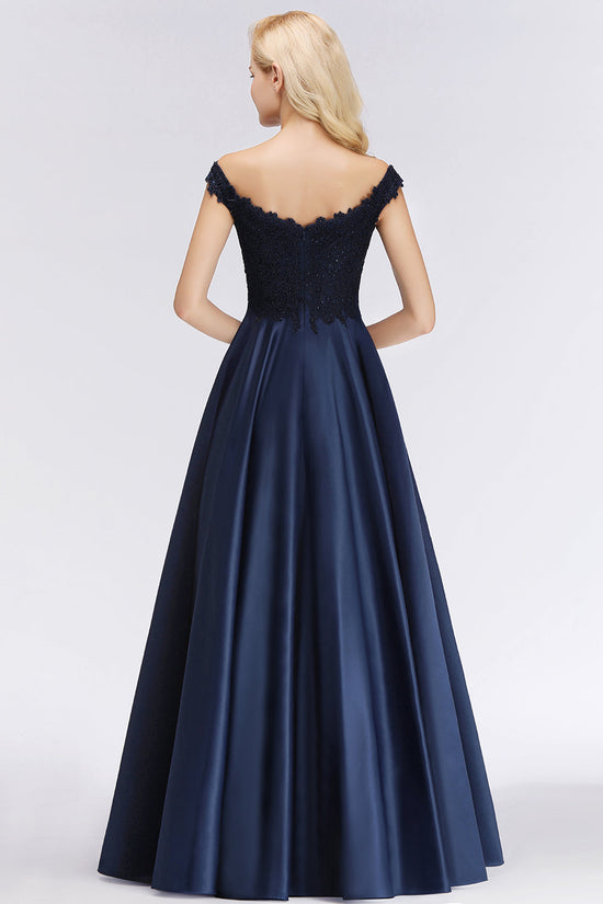 Elegant A-line Off-the-Shoulder Ruffles Beads Long Bridesmaid Dress-BIZTUNNEL