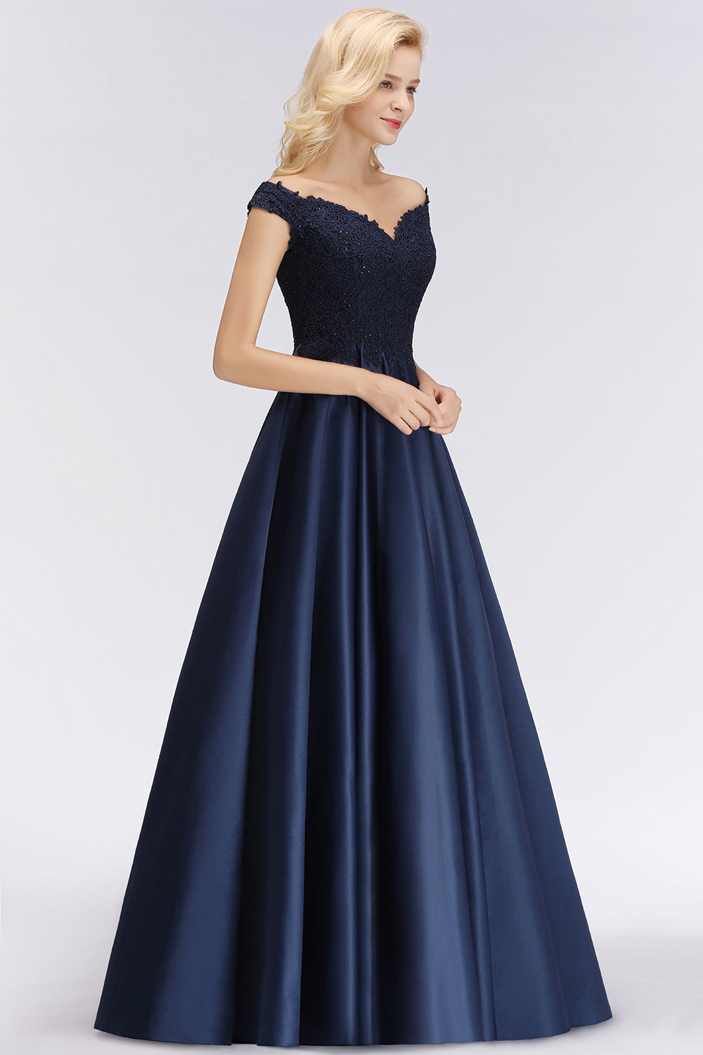 Elegant A-line Off-the-Shoulder Ruffles Beads Long Bridesmaid Dress-BIZTUNNEL