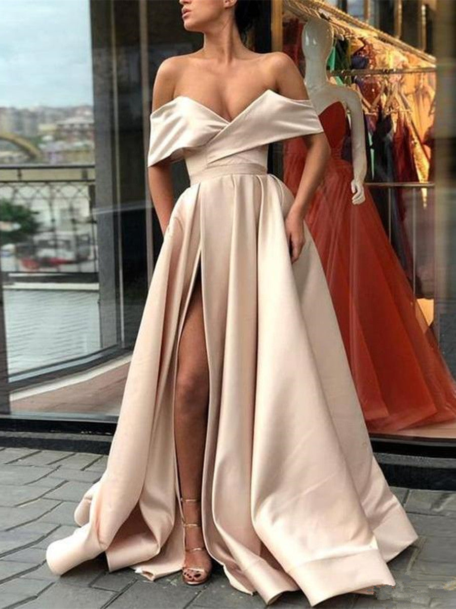 Elegant A-line Off the Shoulder Satin Long Formal Prom Dresses with Slit-BIZTUNNEL