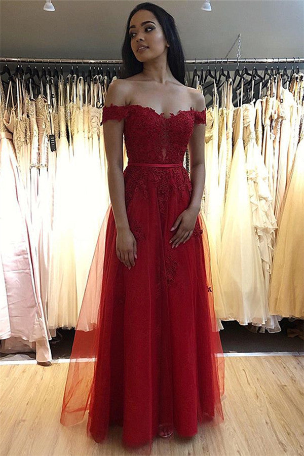 Elegant A-line Off-the-shoulder Tulle Long Prom Dress with Appliques Lace-BIZTUNNEL