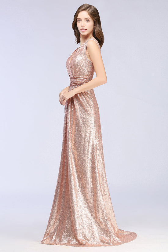 Elegant A-line Sequined V-Neck Sleeveless Long Bridesmaid Dresses-BIZTUNNEL
