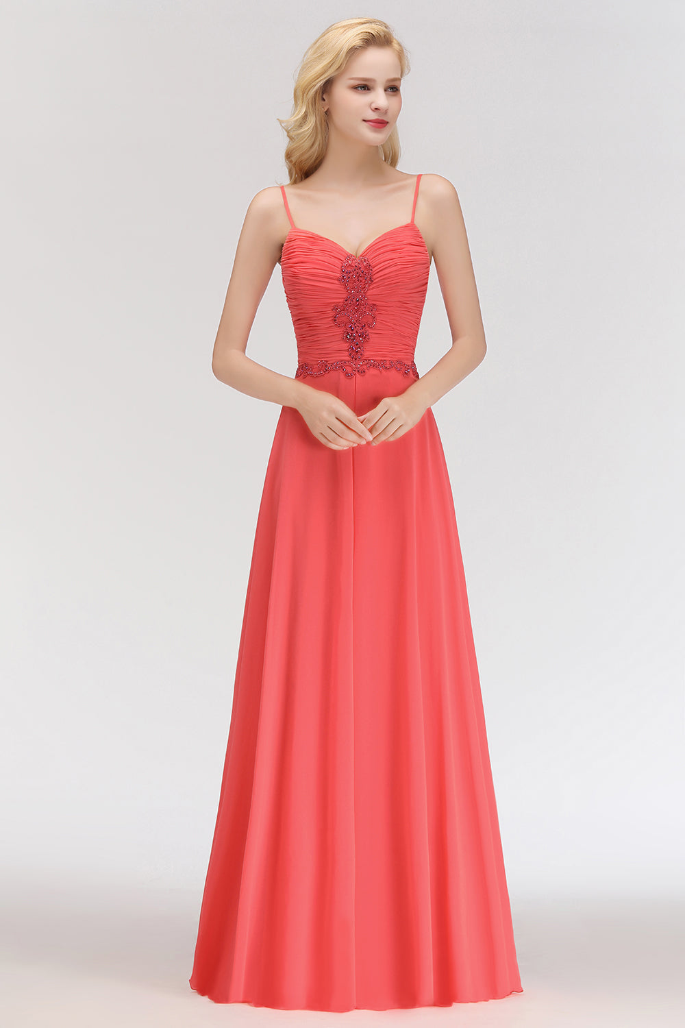 Elegant A-line Spaghetti Straps Ruffles Appliques Long Bridesmaid Dress-BIZTUNNEL