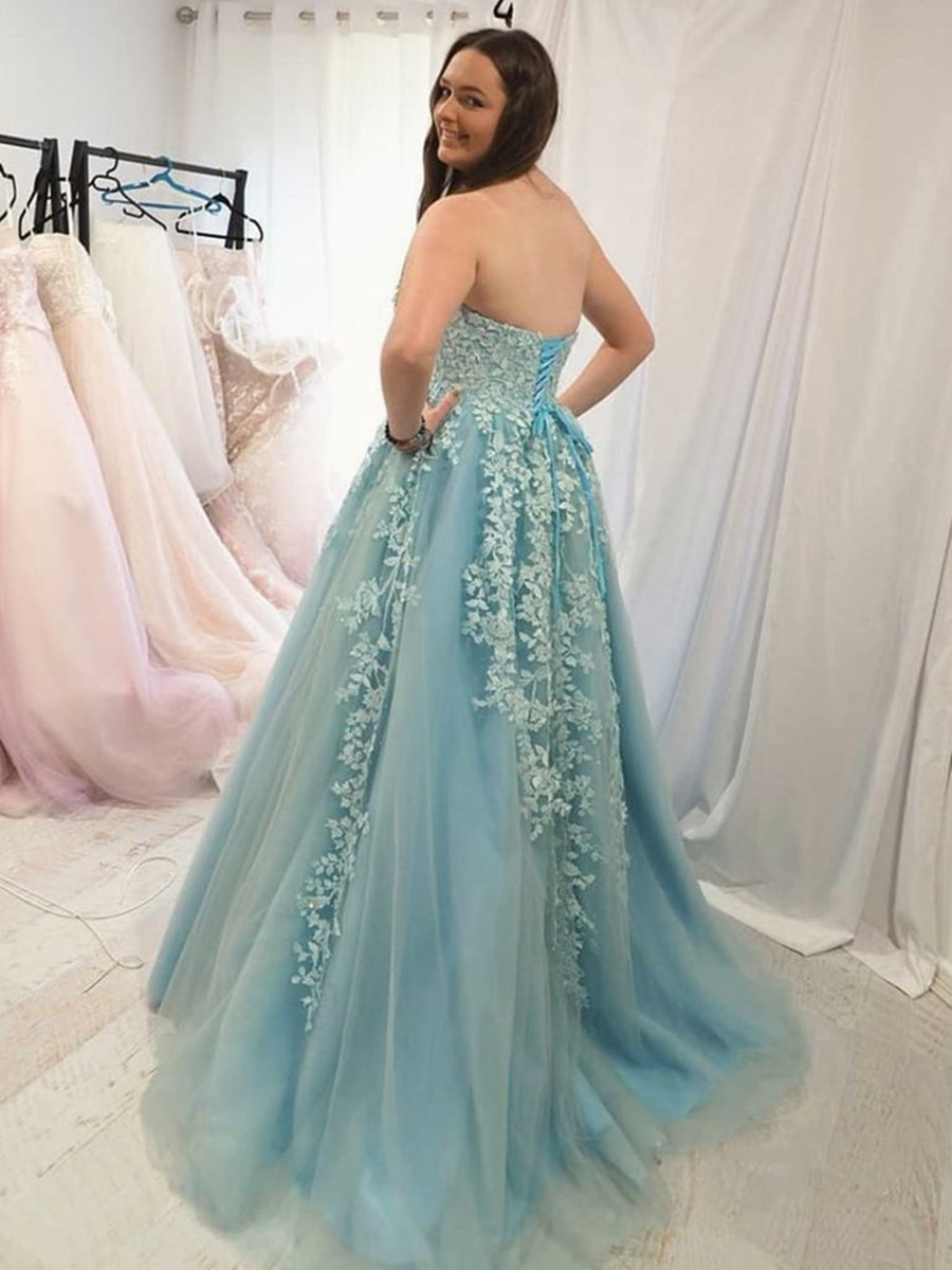 Elegant A-line Strapless Tulle Lace Formal Graduation Dresses Long Prom Gowns Elegant A-line Strapless Tulle Lace Formal Graduation Dresses Long Prom Gowns