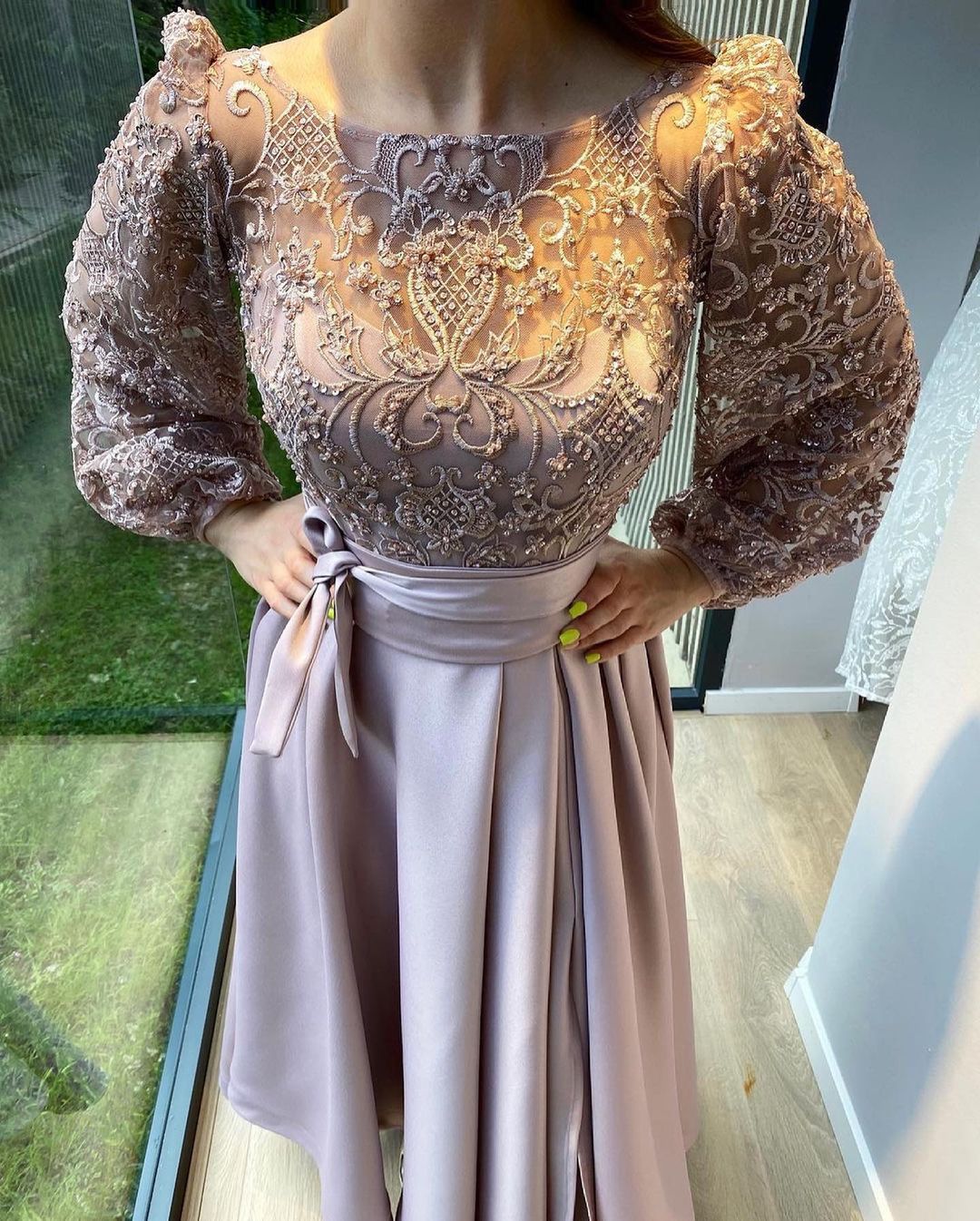 Elegant A-line Stretch Satin Front Slit Prom Dress with Sleeves Elegant A-line Stretch Satin Front Slit Prom Dress with Sleeves
