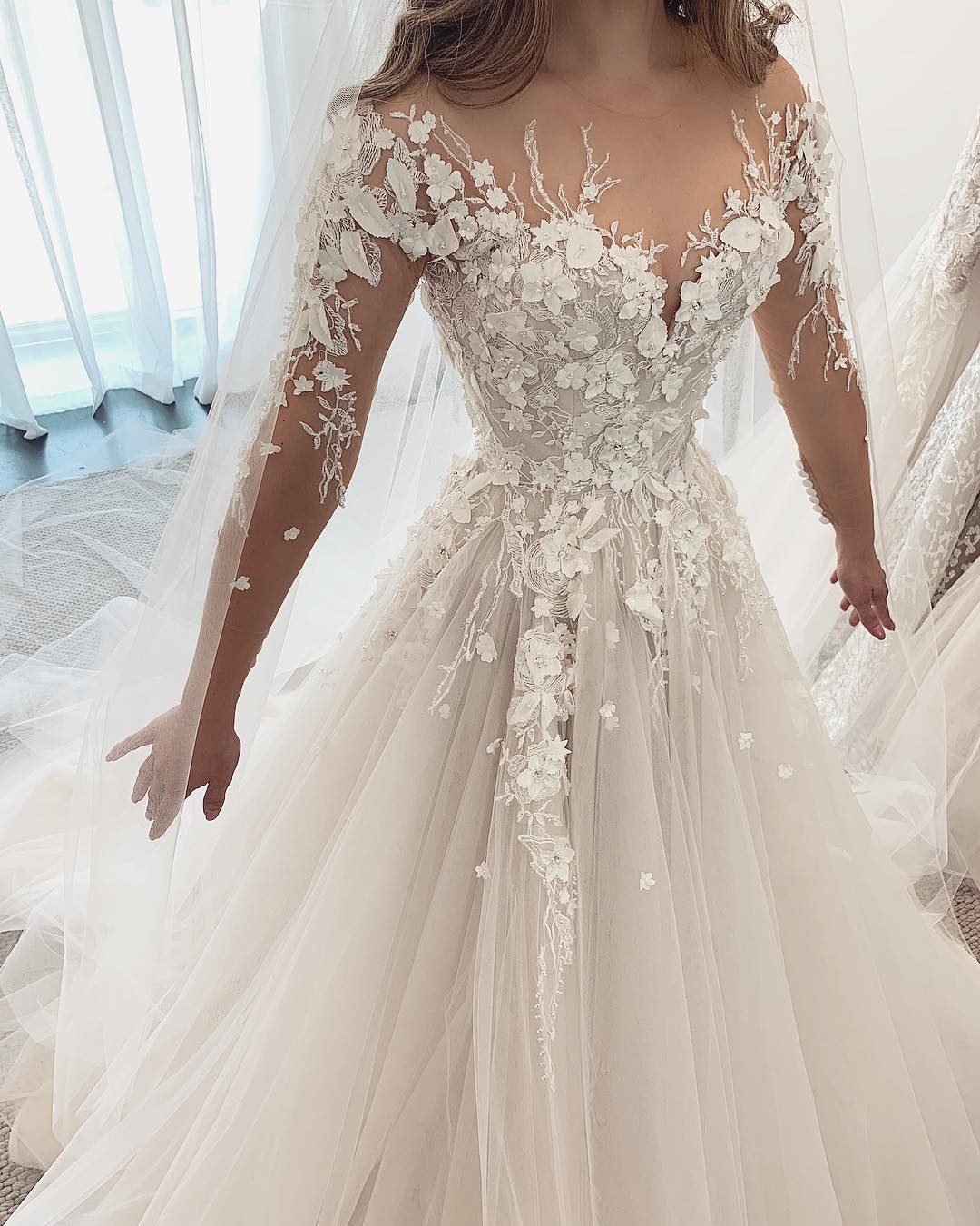 A-Line Sweetheart Neck Wedding Dress Long Sleeves Pearl Satin Appliques Lace