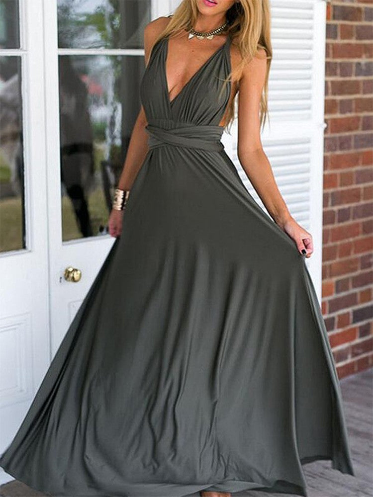 Cargar imagen en el visor de la Galería, Elegant A Line V Neck Backless Grey Long Prom Formal Evening Dresses-BIZTUNNEL
