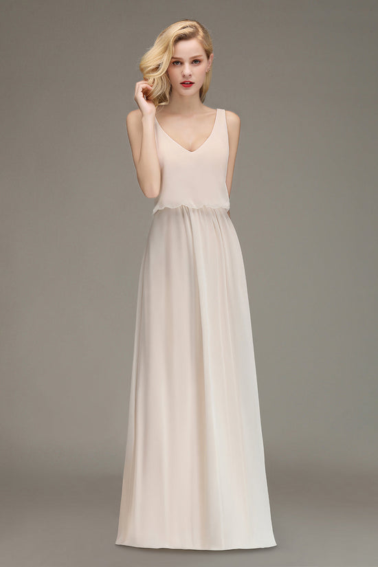 Elegant A-line V-Neck Long Backless Bridesmaid Dress-BIZTUNNEL