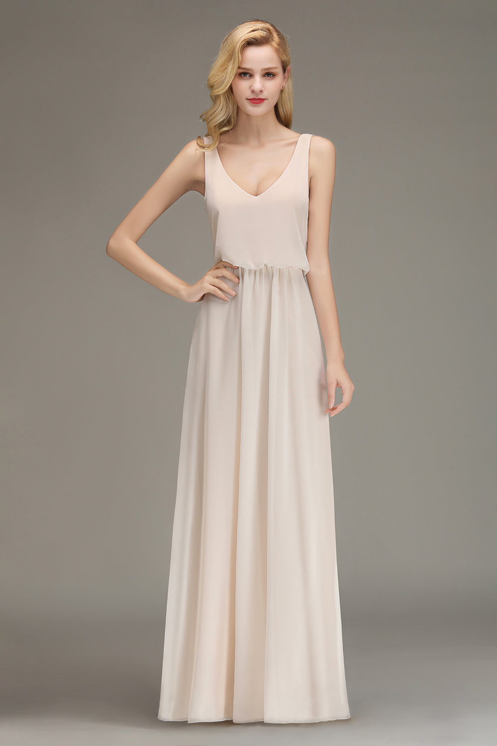 Elegant A-line V-Neck Long Backless Bridesmaid Dress-BIZTUNNEL