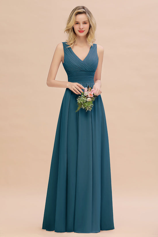 Laden Sie das Bild in den Galerie-Viewer, Elegant A-line V-Neck Long Bridesmaid Dress with Ruffles-BIZTUNNEL
