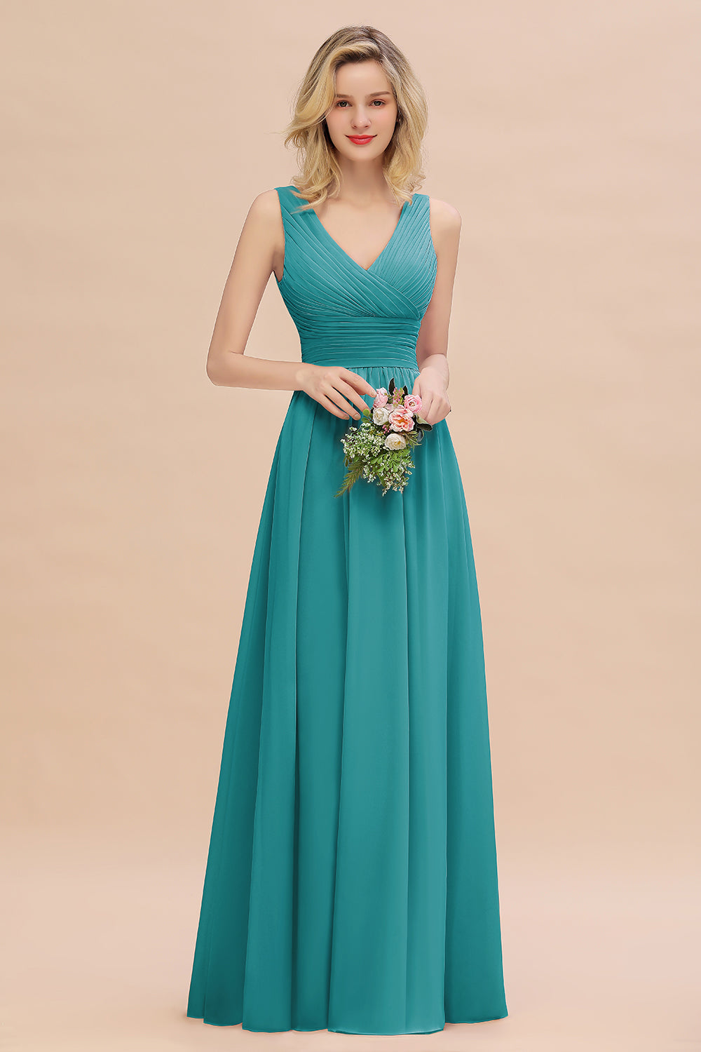 Eucalyptus A Line V Neck Corset Tiered Satin Long Bridesmaid Dress with Slit