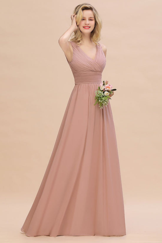 Elegant A-line V-Neck Long Bridesmaid Dress with Ruffles-BIZTUNNEL