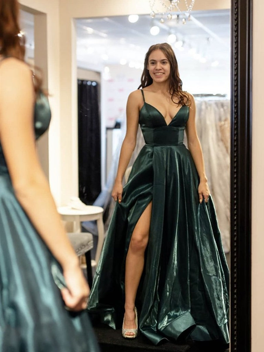 Elegant A-line V Neck Long Graduation Prom Dresses with High Slit-BIZTUNNEL