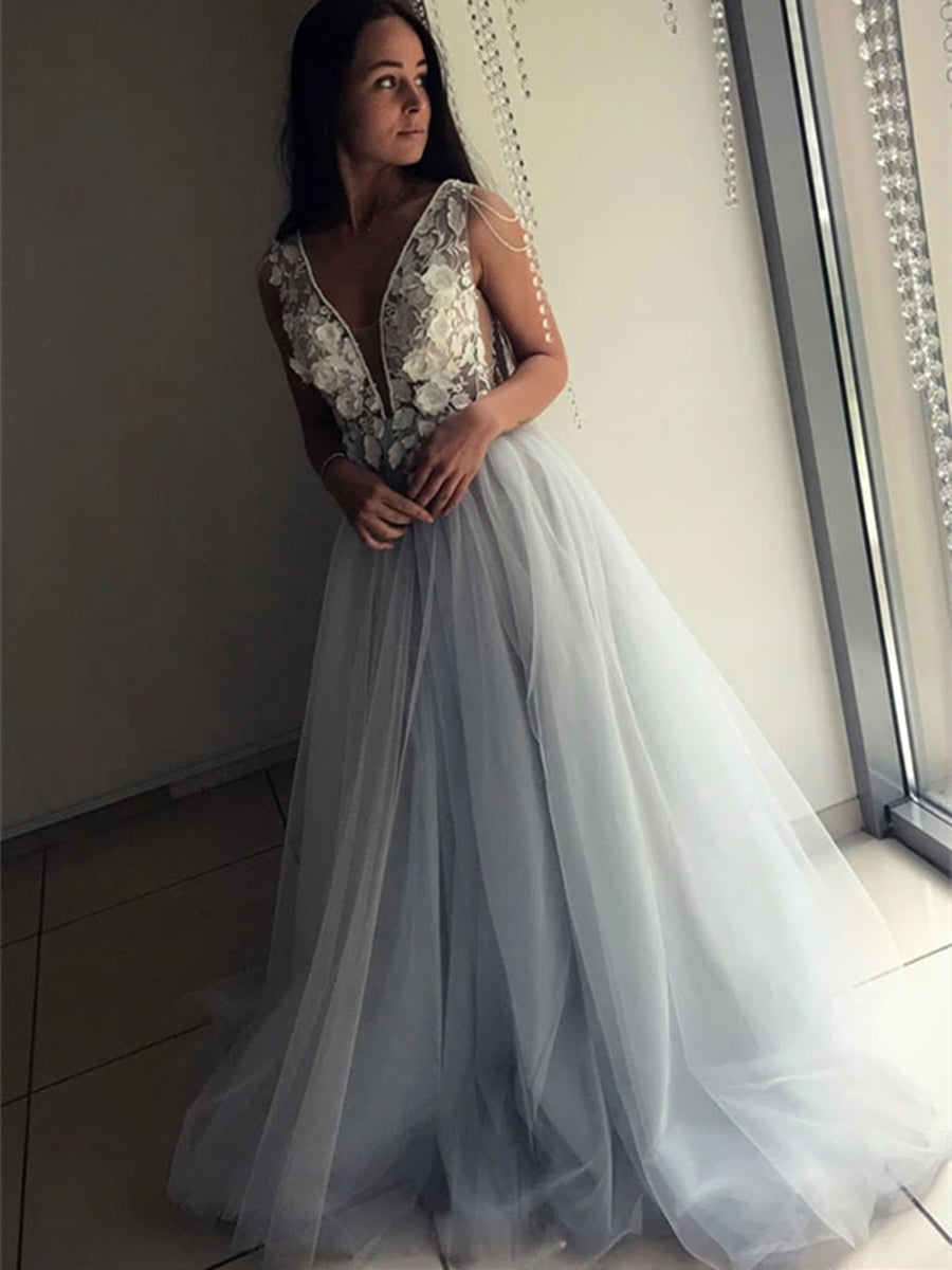 Load image into Gallery viewer, Elegant A-line V Neck Open Back Lace Appliques Long Formal Prom Dresses-BIZTUNNEL
