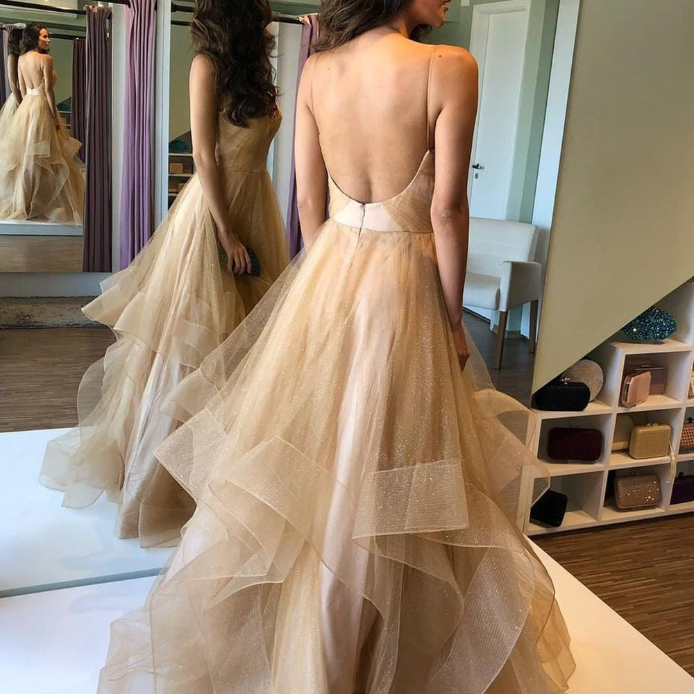 Elegant A-line V Neck Puffy Tulle Backless Long Prom Dresses Elegant A-line V Neck Puffy Tulle Backless Long Prom Dresses