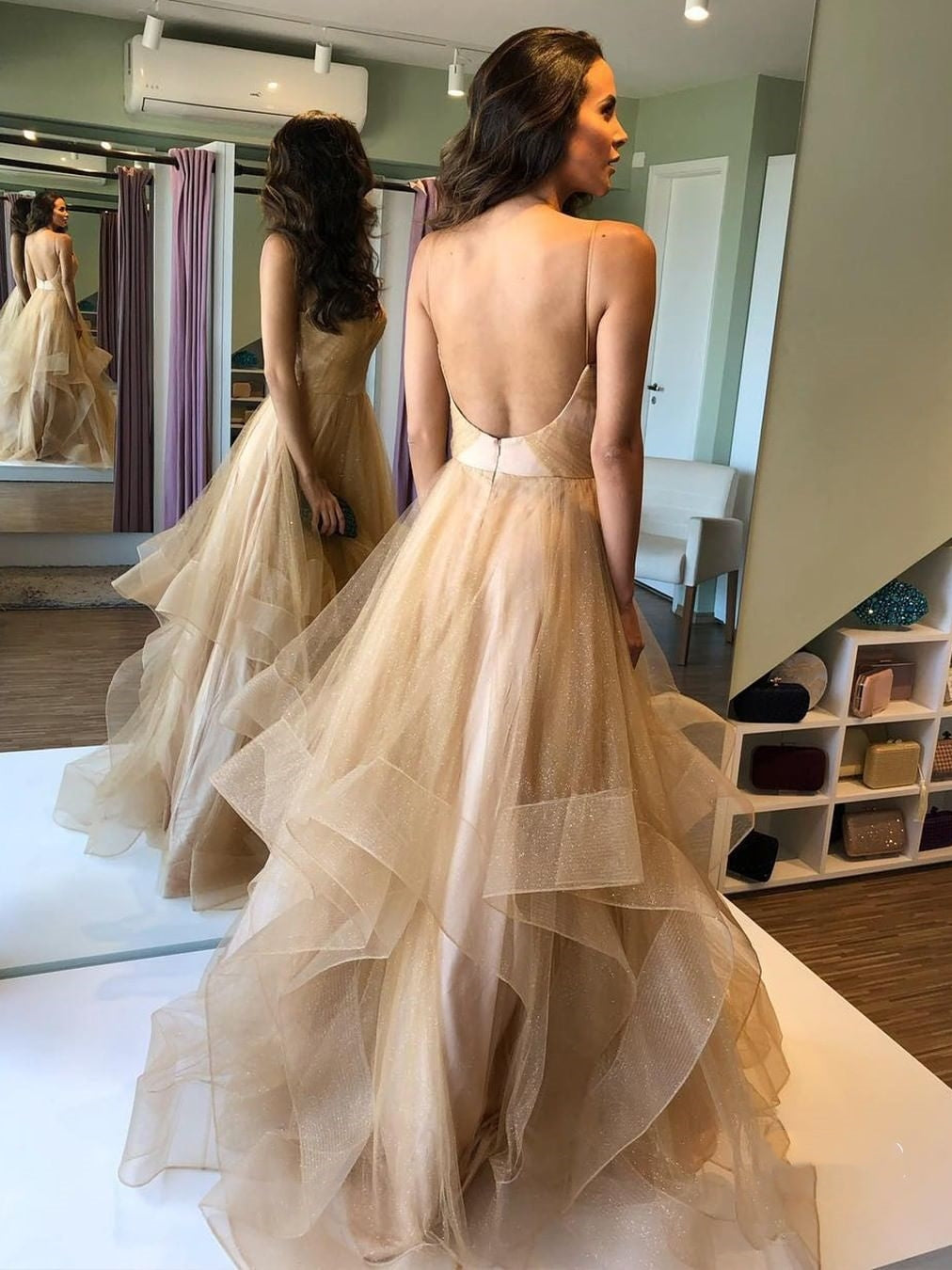 Elegant A-line V Neck Puffy Tulle Backless Long Prom Dresses-BIZTUNNEL