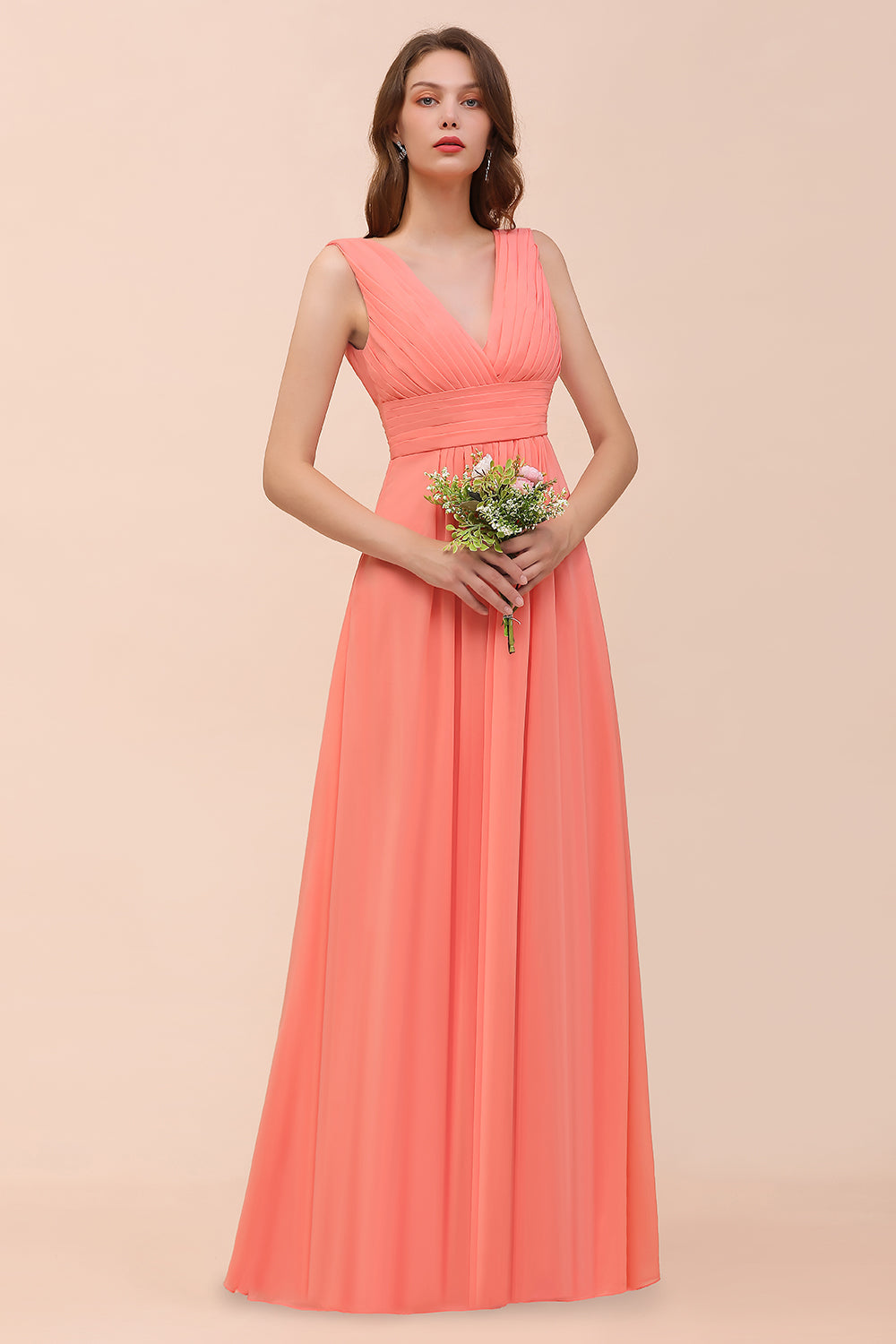 Elegant A-line V-Neck Ruffle Chiffon Coral Long Bridesmaid Dress-BIZTUNNEL