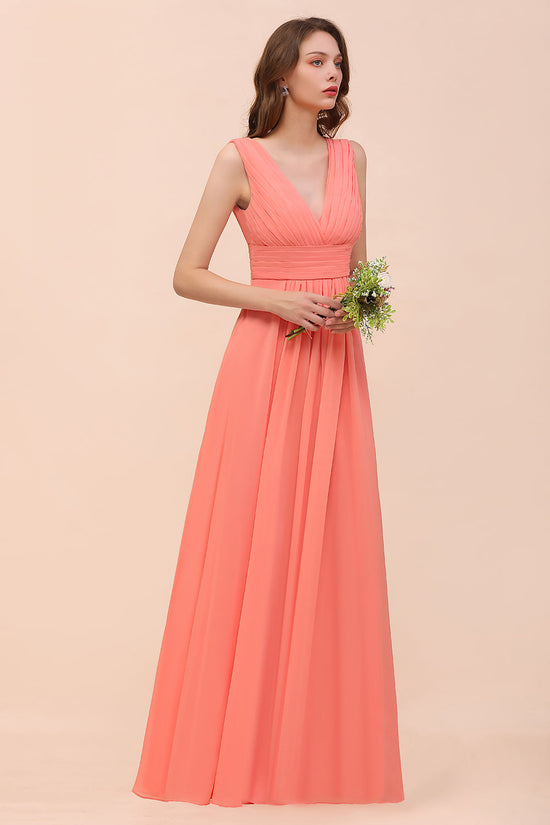 Elegant A-line V-Neck Ruffle Chiffon Coral Long Bridesmaid Dress-BIZTUNNEL