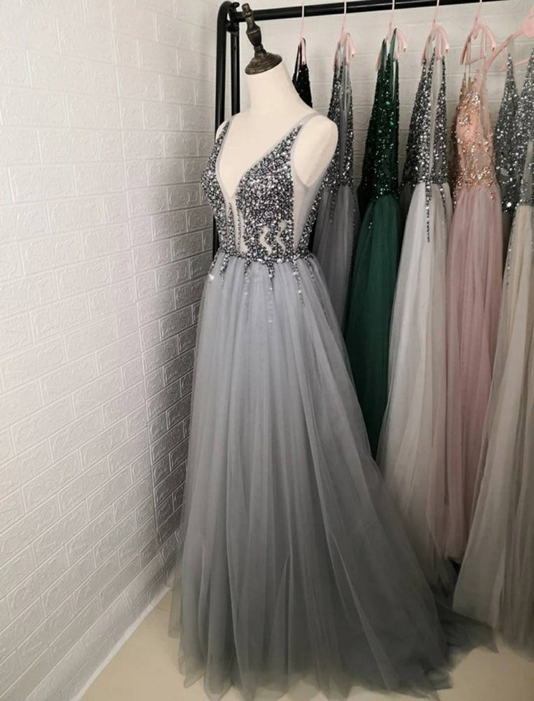 
                  
                    Elegant A-line V-neck Tulle Beading Open Back Prom Dress with Slit-BIZTUNNEL
                  
                