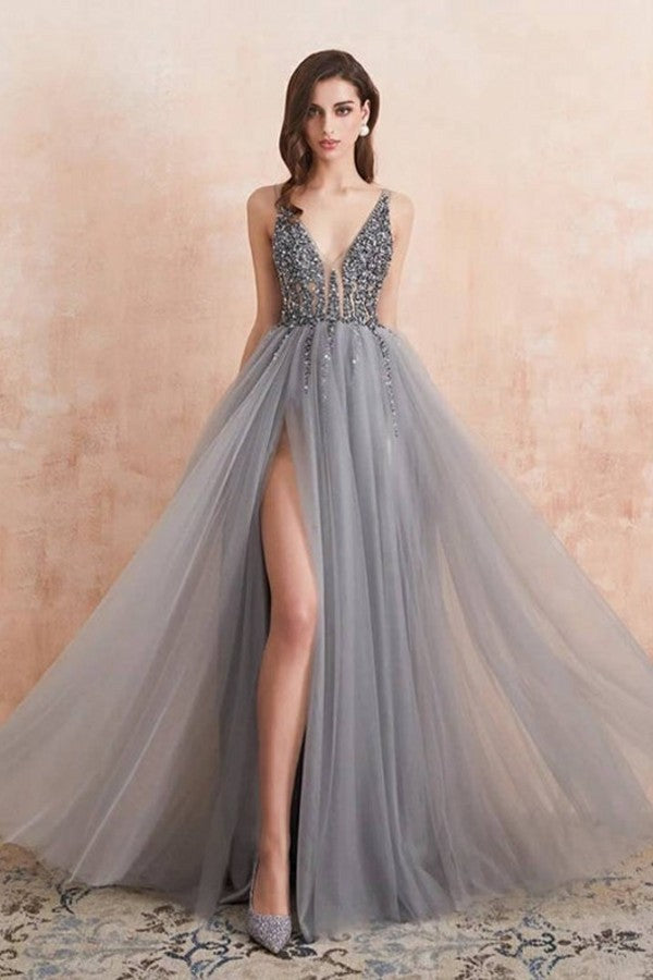 Elegant A-line V-neck Tulle Beading Open Back Prom Dress with Slit-BIZTUNNEL