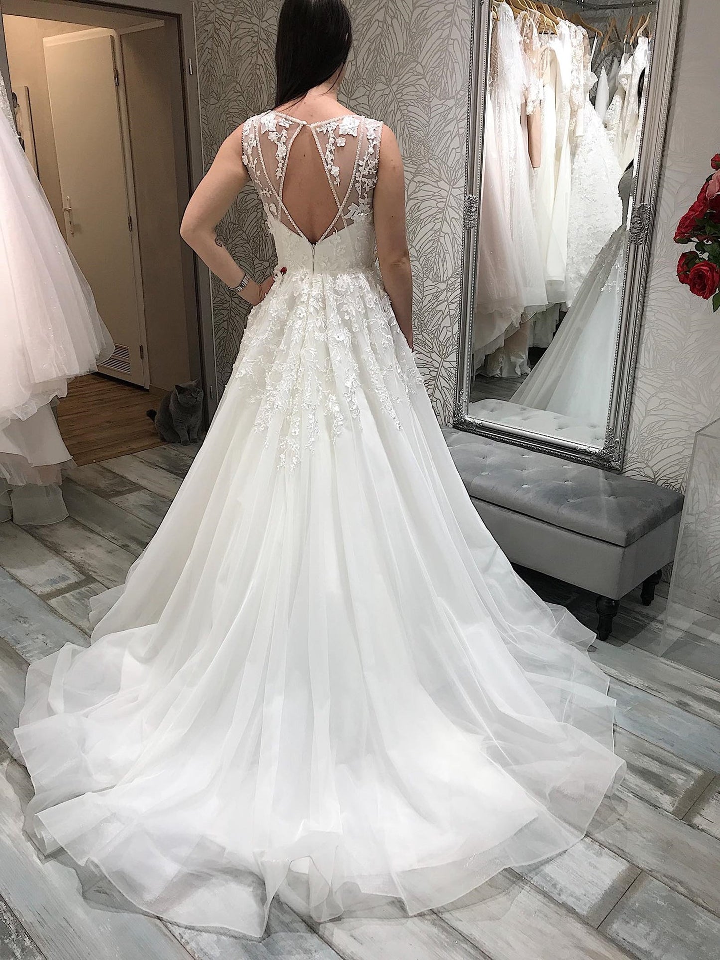 Elegant A-line V Neck White Lace Backless Long Wedding Dresses-BIZTUNNEL
