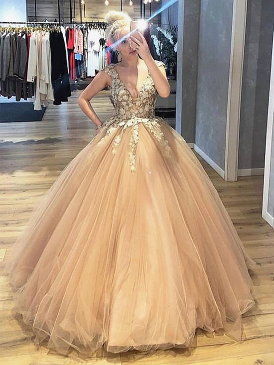 Elegant Ball Gown V Neck Lace Tulle Long Graduation Prom Dresses-BIZTUNNEL
