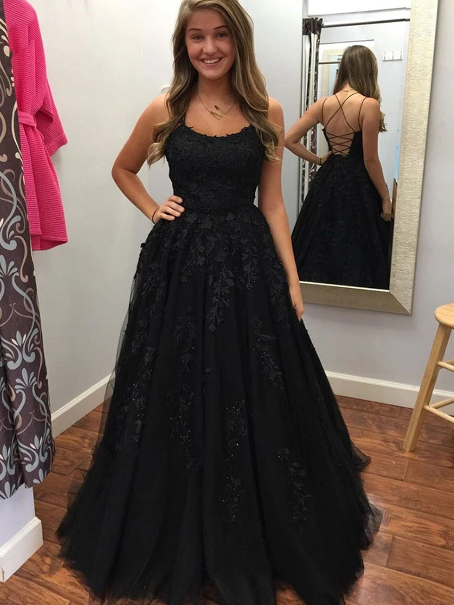Cargar imagen en el visor de la Galería, Elegant Black A-line Lace Tulle Long Backless Prom Formal Evening Dresses-BIZTUNNEL
