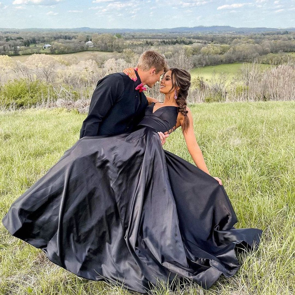 Elegant Black A-line V-neck Long Prom Dresses with Pockets BIZTUNNEL Elegant Black A-line V-neck Long Prom Dresses with Pockets BIZTUNNEL