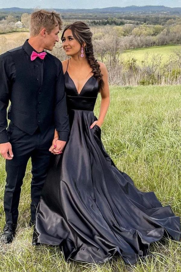 Sexy Black V Neck A-line Prom Dress,Black Senior Prom Gown Y6118