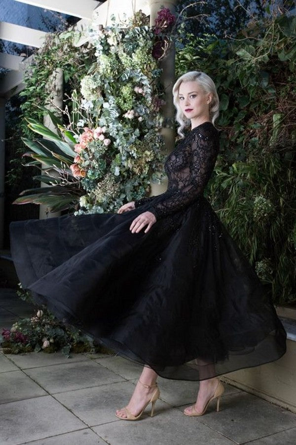 Elegant Black Bateau Appliques Lace Short Wedding Dress with Sleeves – BIZTUNNEL