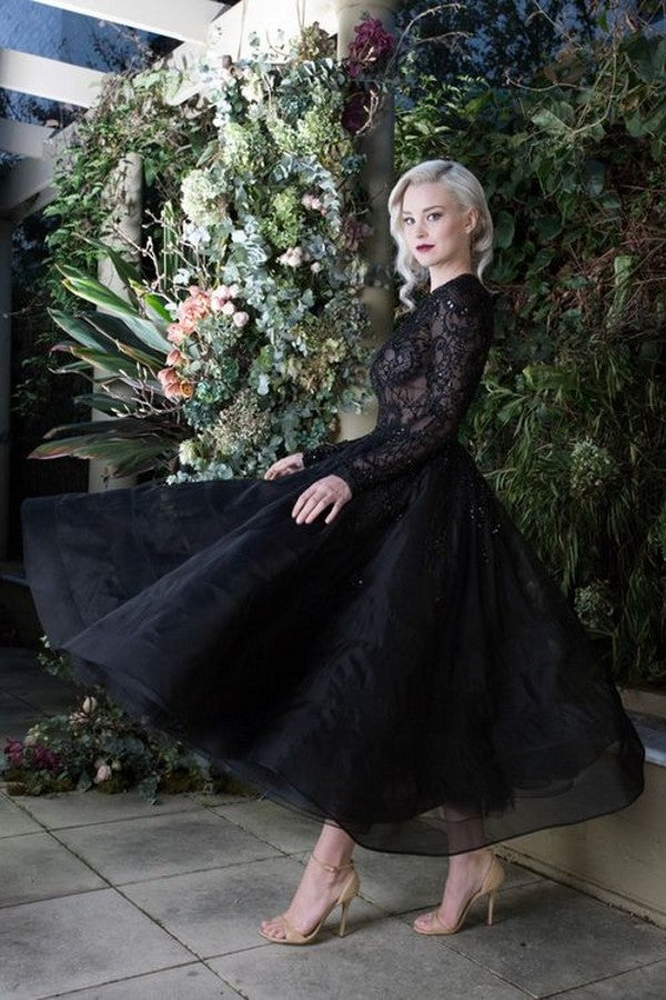 Elegant Black Bateau Appliques Lace Short Wedding Dress with Sleeves-BIZTUNNEL