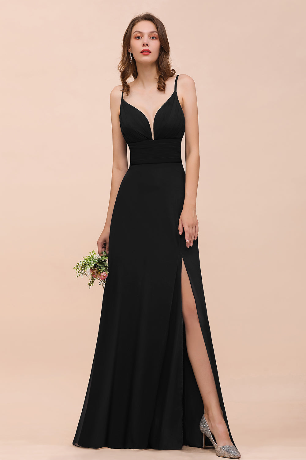 Elegant Black Long A-line Sweetheart Chiffon Bridesmaid Dress with Slit-BIZTUNNEL