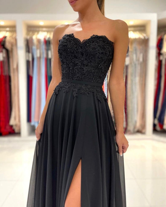Carregar imagem no visualizador da galeria, Elegant Black Long A-line Sweetheart Chiffon Prom Dress with Slit-BIZTUNNEL
