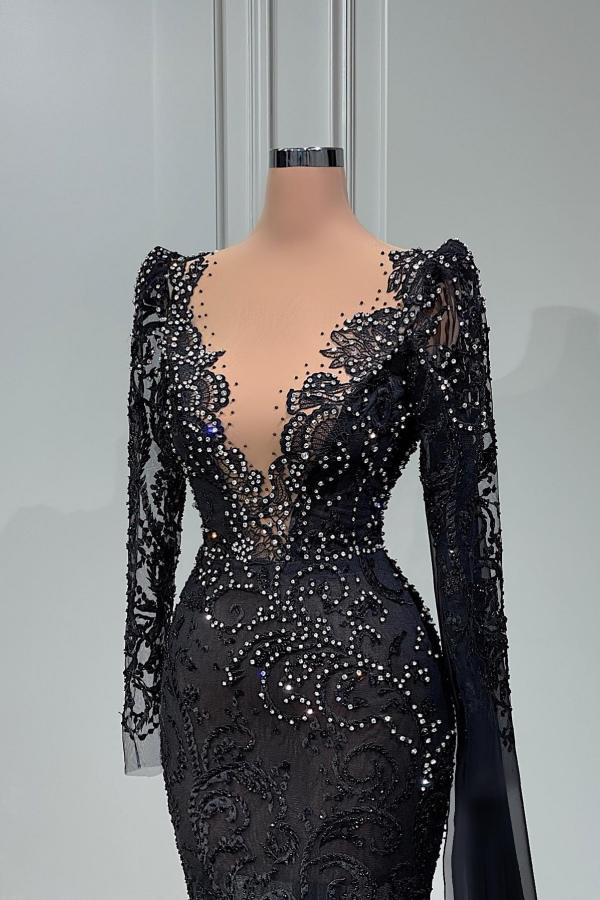 Elegant Black Long Mermaid V-neck Tulle Lace Prom Dress with Sleeves-BIZTUNNEL