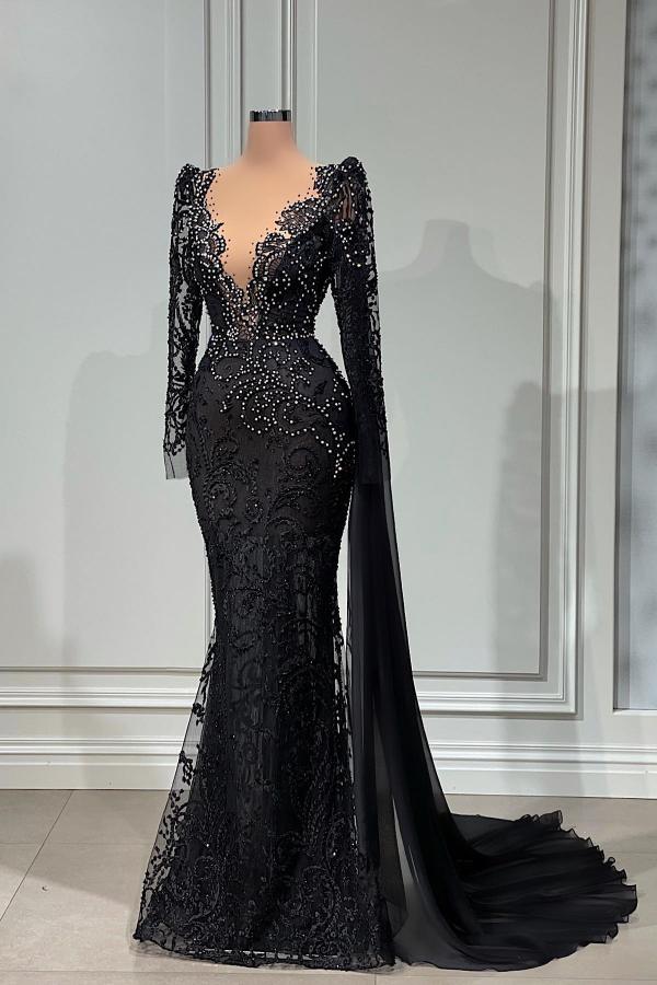 Elegant Black Long Mermaid V-neck Tulle Lace Prom Dress with Sleeves-BIZTUNNEL