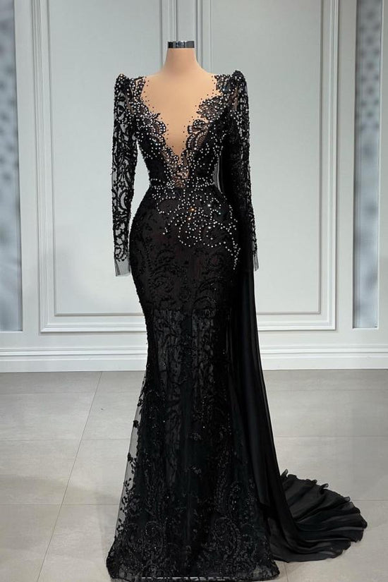 Carregar imagem no visualizador da galeria, Elegant Black Long Mermaid V-neck Tulle Lace Prom Dress with Sleeves-BIZTUNNEL
