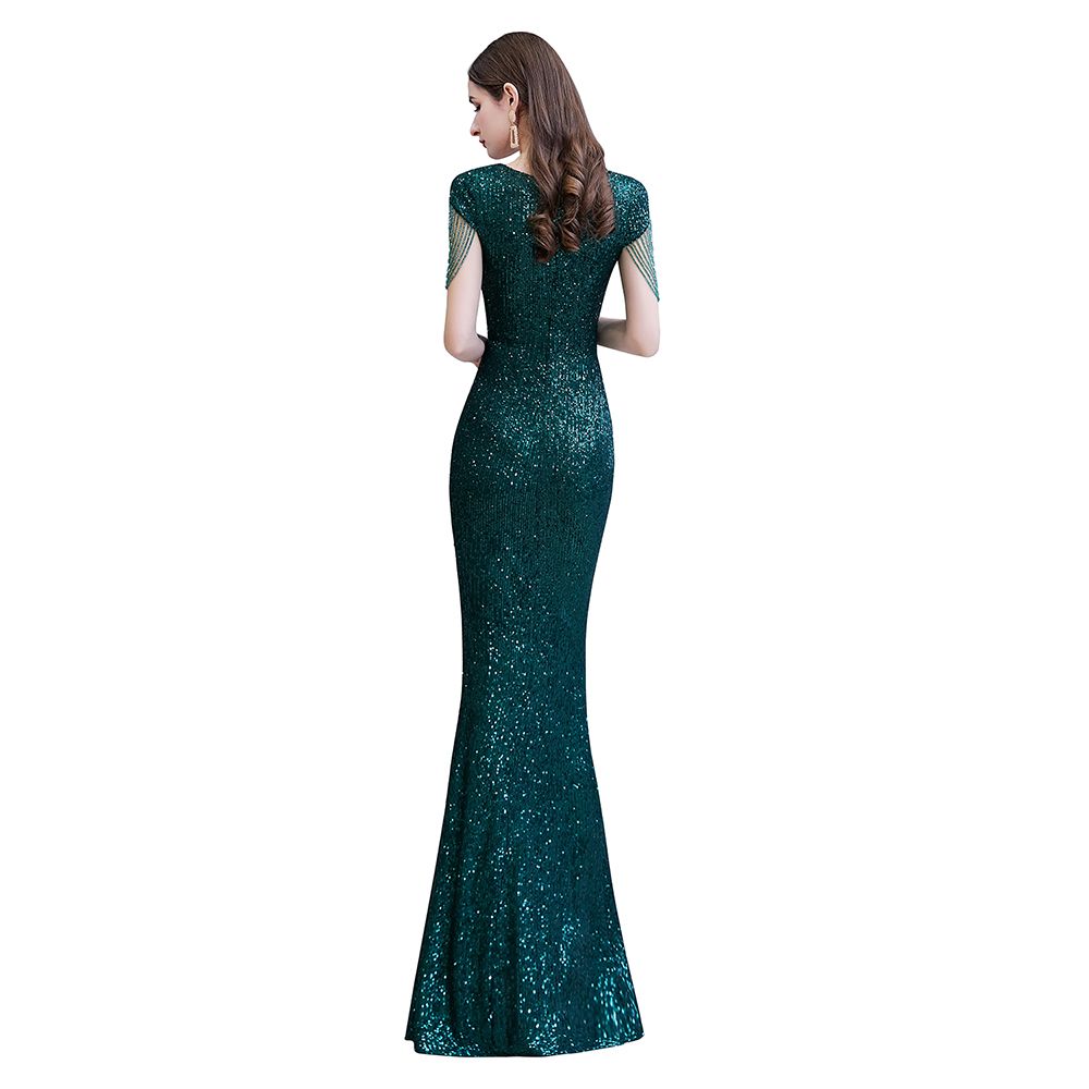 Elegant Cap Sleeve Green Sequins Long Prom Dress-BIZTUNNEL