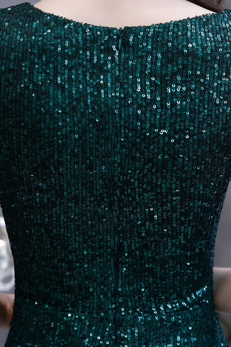 Green Sequins Square Long Sleeve Prom Dress