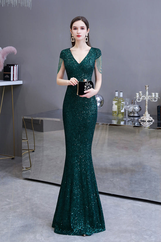 Load image into Gallery viewer, Elegant Cap Sleeve Green Sequins Long Prom Dress-BIZTUNNEL
