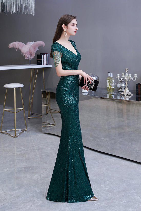 Elegant Cap Sleeve Green Sequins Long Prom Dress-BIZTUNNEL